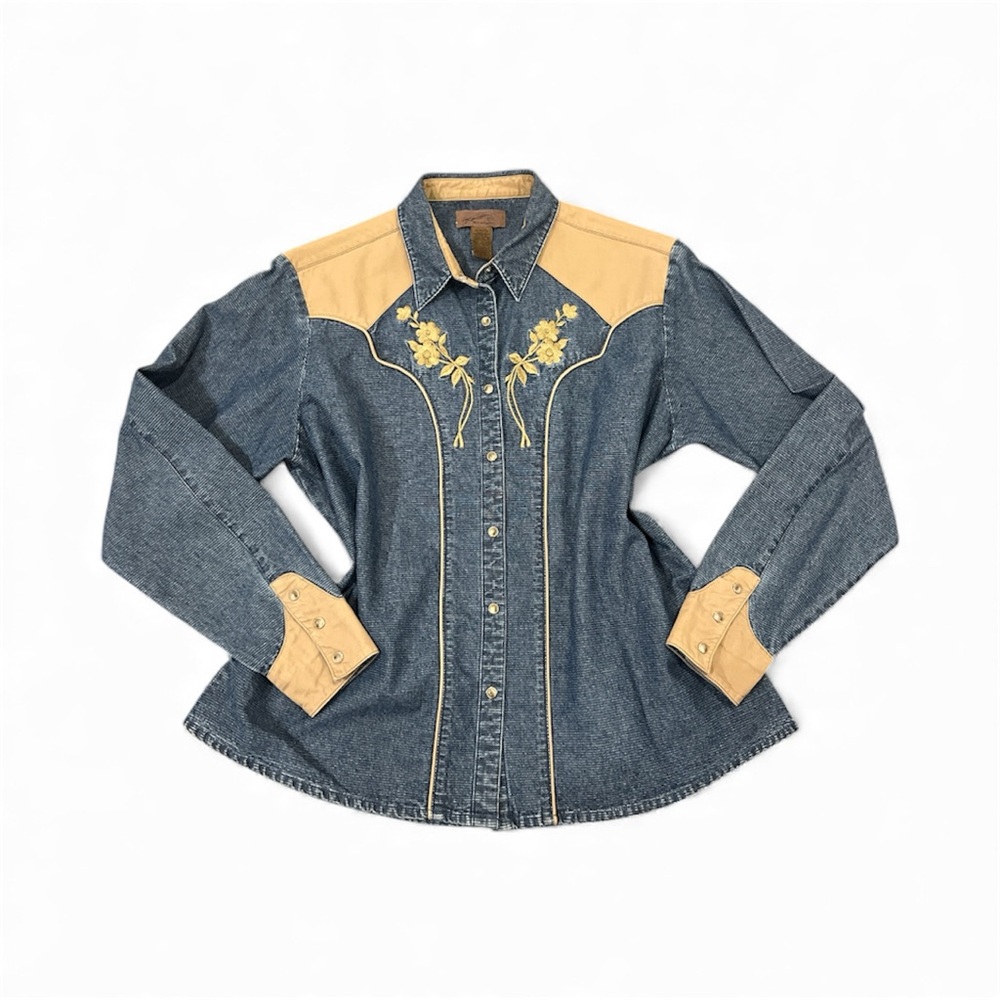 Wrangler Denim Shirt with Tan Floral Embroidery